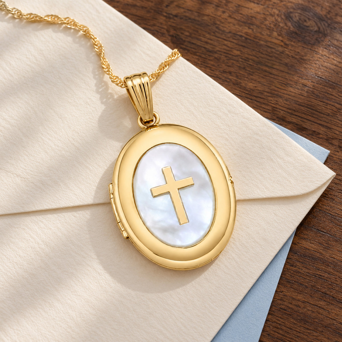 Solid 14K Yellow Gold Mother Of Pearl Cross Oval Photo Locket - lifestyle