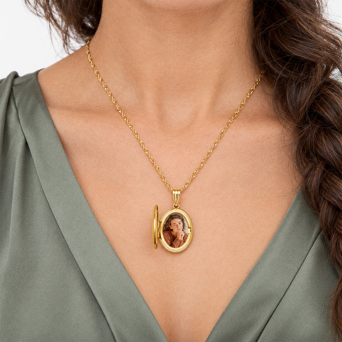 Solid 14K Yellow Gold Mother Of Pearl Cross Oval Photo Locket - on model