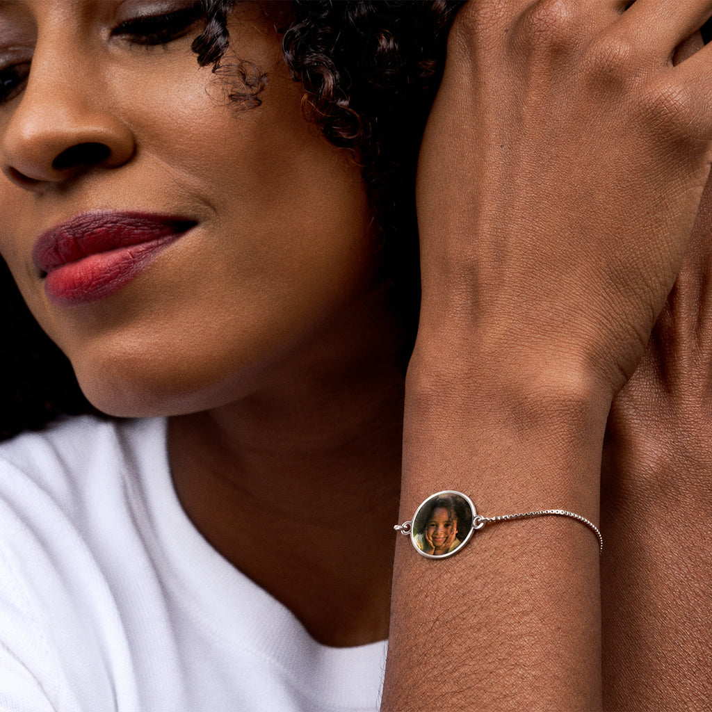 Adjustable Round Photo Engraved Bracelet - on model
