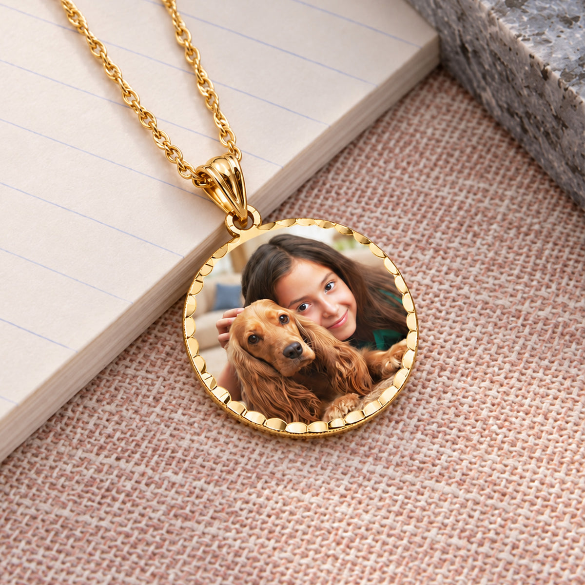 Round Photo Engraved Pendant with Diamond Cut Edge - lifestyle