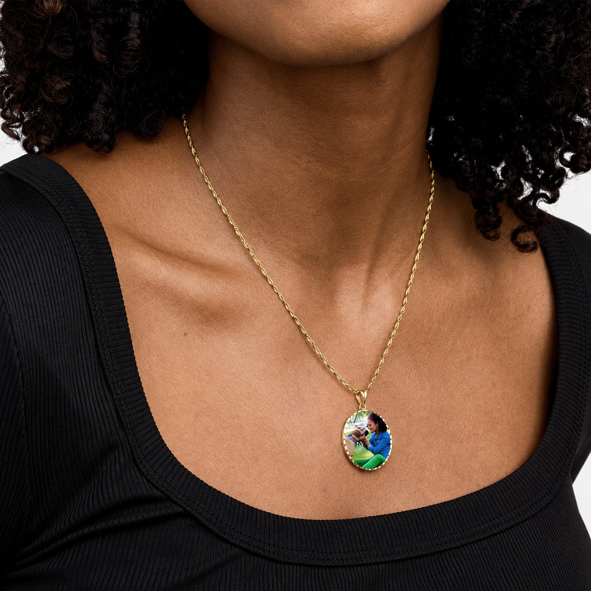 Round Photo Engraved Pendant with Diamond Cut Edge - on model