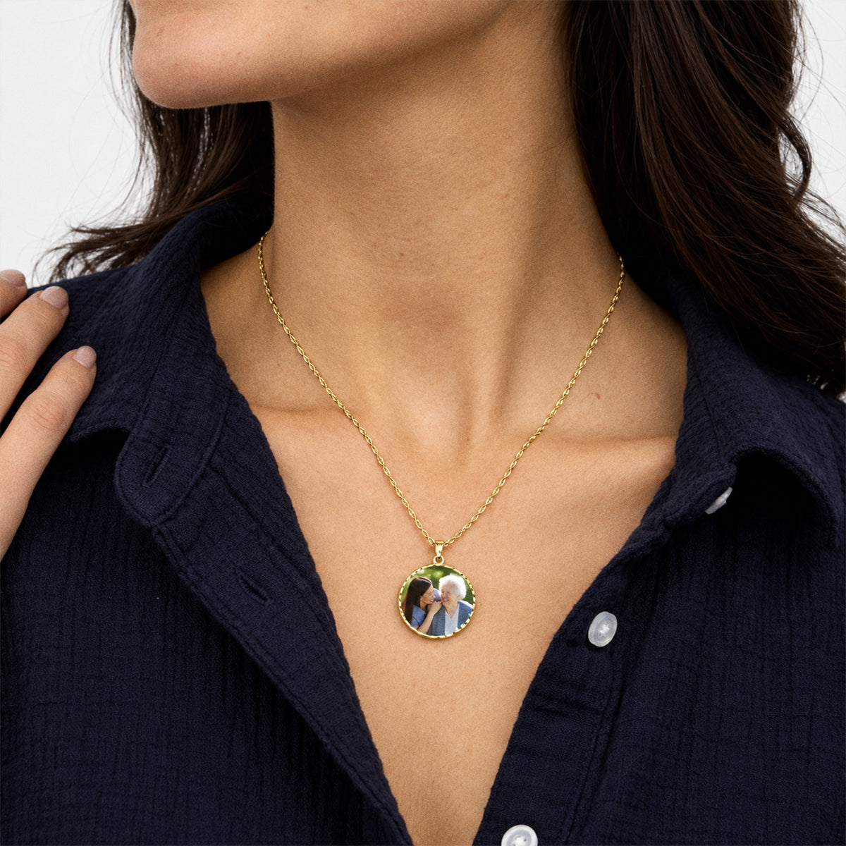 Round Photo Engraved Pendant with Diamond Cut Edge - on model