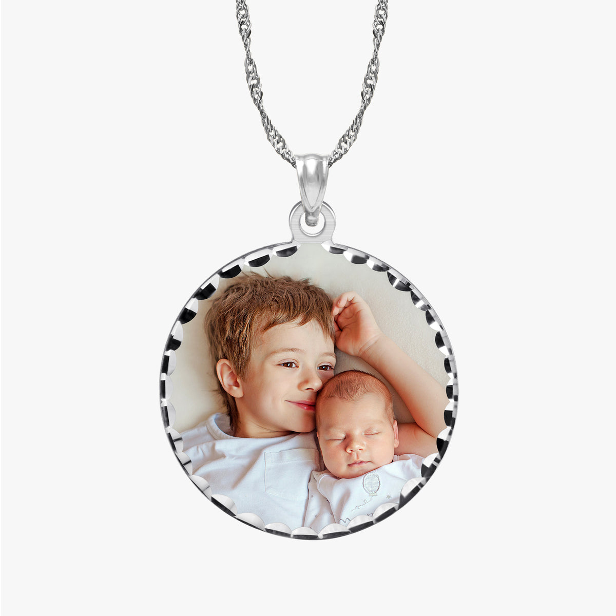 Round Photo Engraved Pendant with Diamond Cut Edge