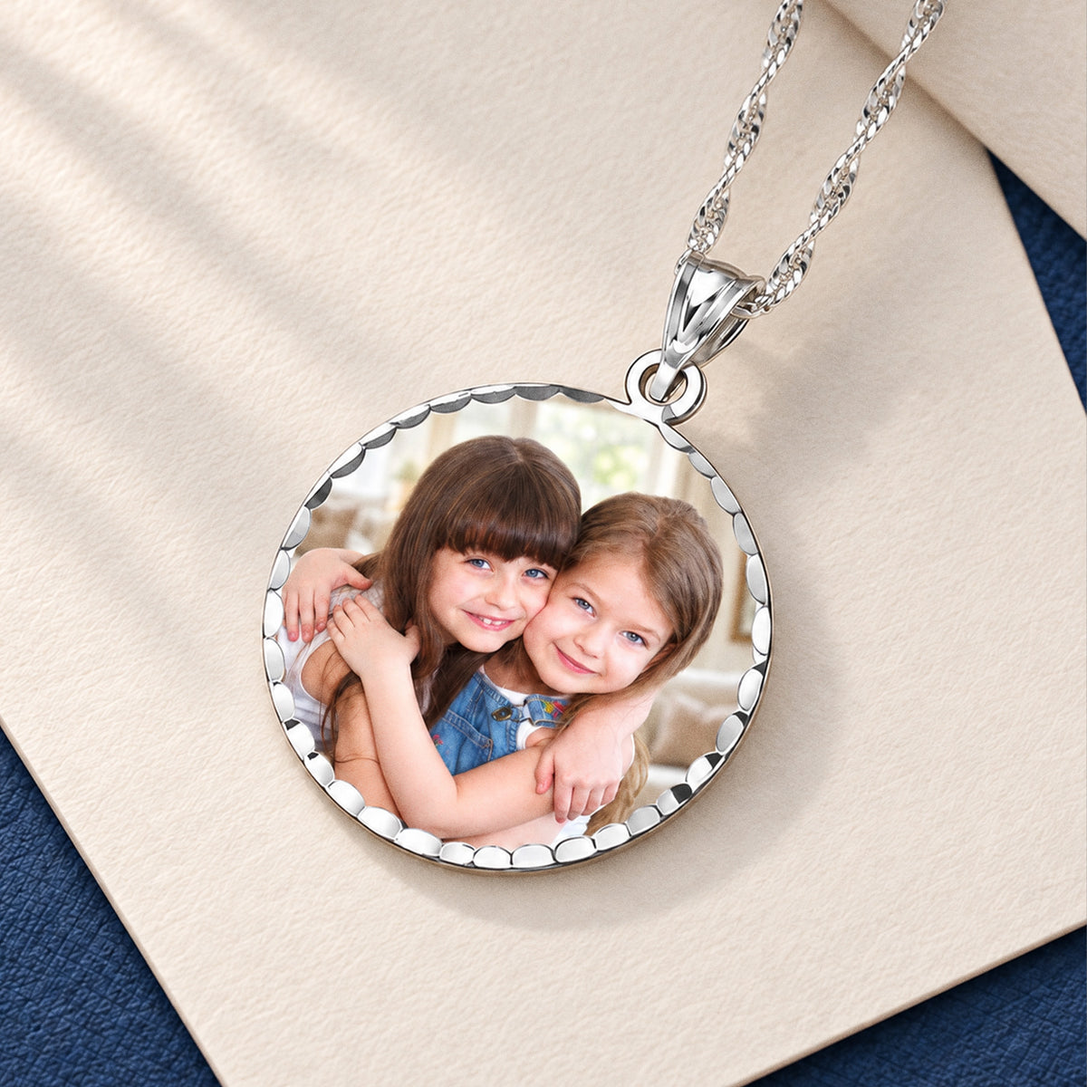 Round Photo Engraved Pendant with Diamond Cut Edge - lifestyle