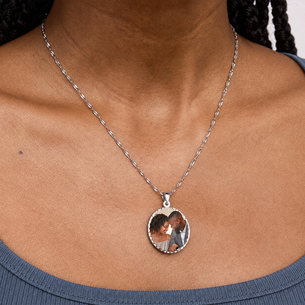 Round Photo Engraved Pendant with Diamond Cut Edge - on model