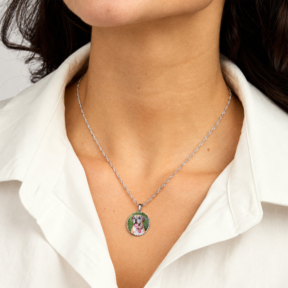 Round Photo Engraved Pendant with Diamond Cut Edge - on model