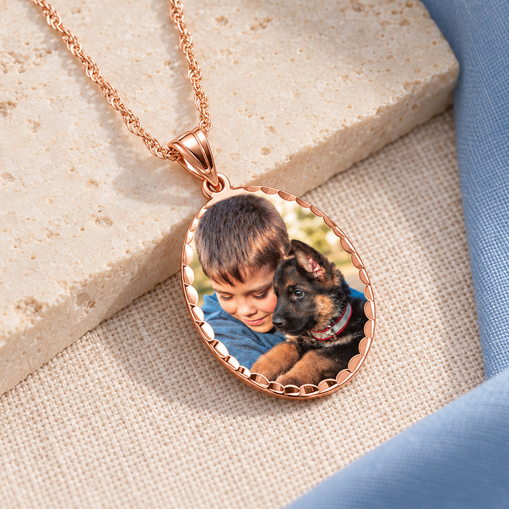 Oval Photo Engraved Pendant with Diamond Cut Edge - lifestyle