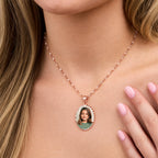 Oval Photo Engraved Pendant with Diamond Cut Edge - on model