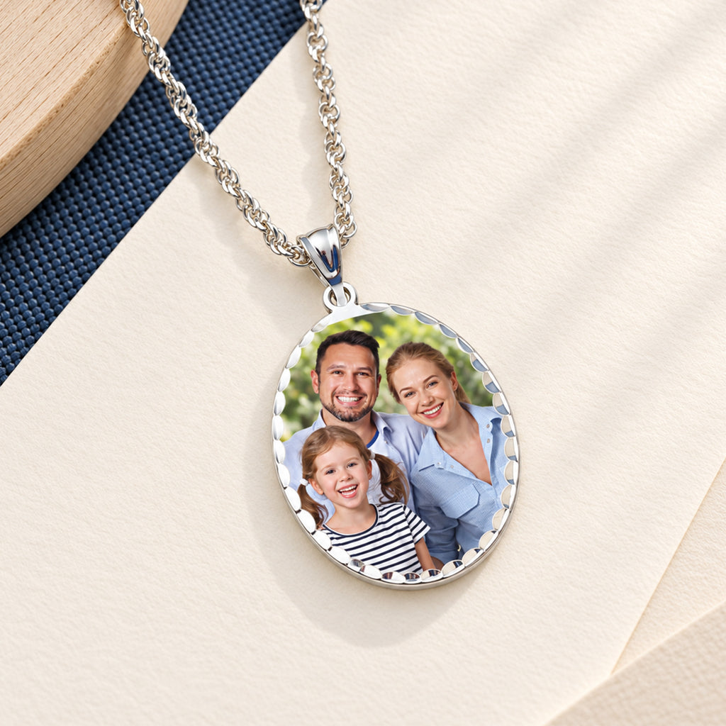 Oval Photo Engraved Pendant with Diamond Cut Edge - lifestyle