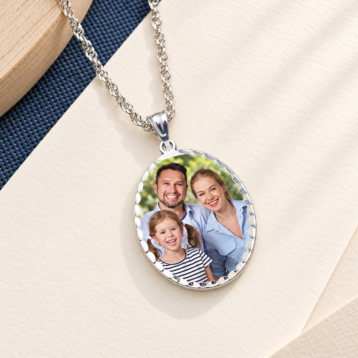 Oval Photo Engraved Pendant with Diamond Cut Edge - lifestyle
