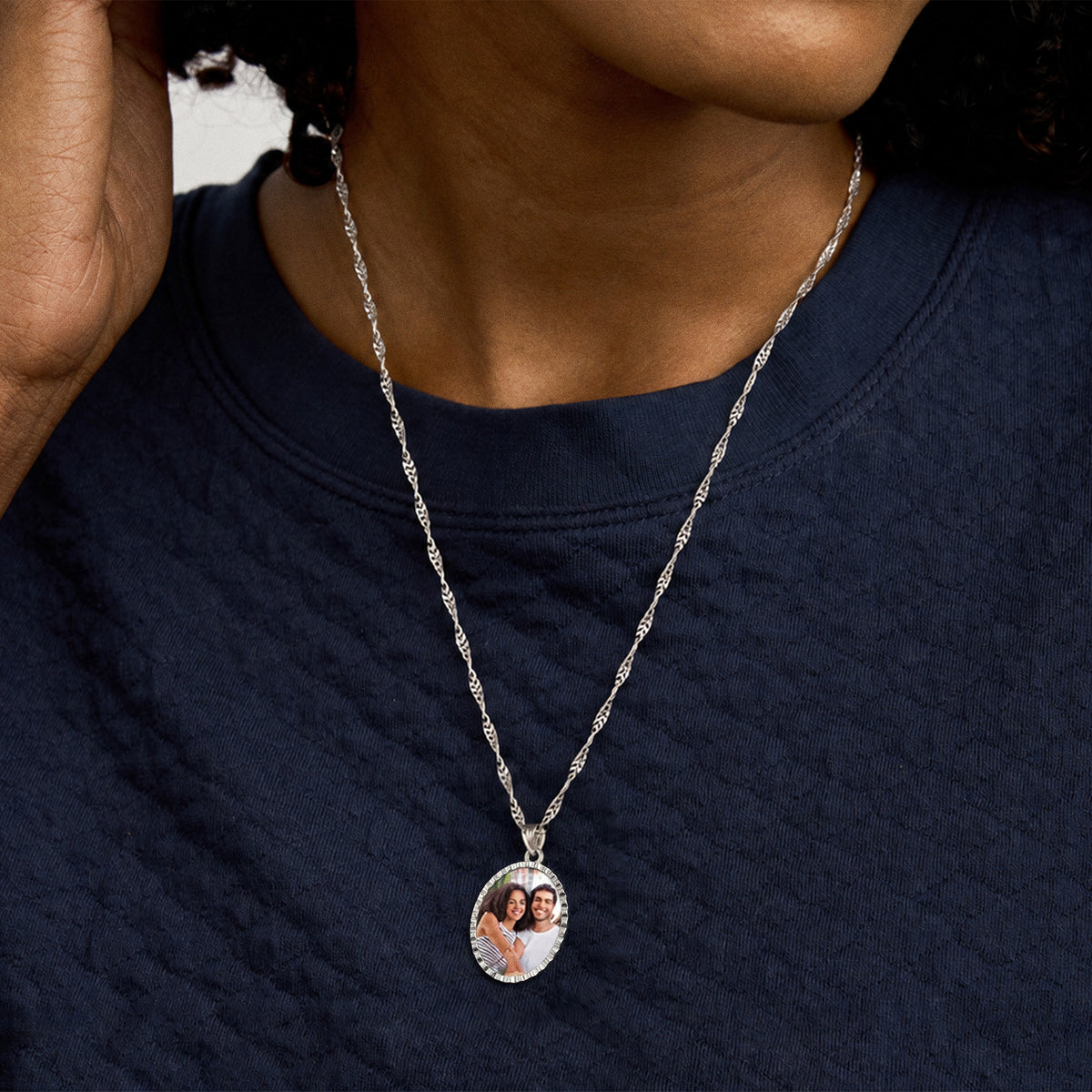 Oval Photo Engraved Pendant with Diamond Cut Edge - on model