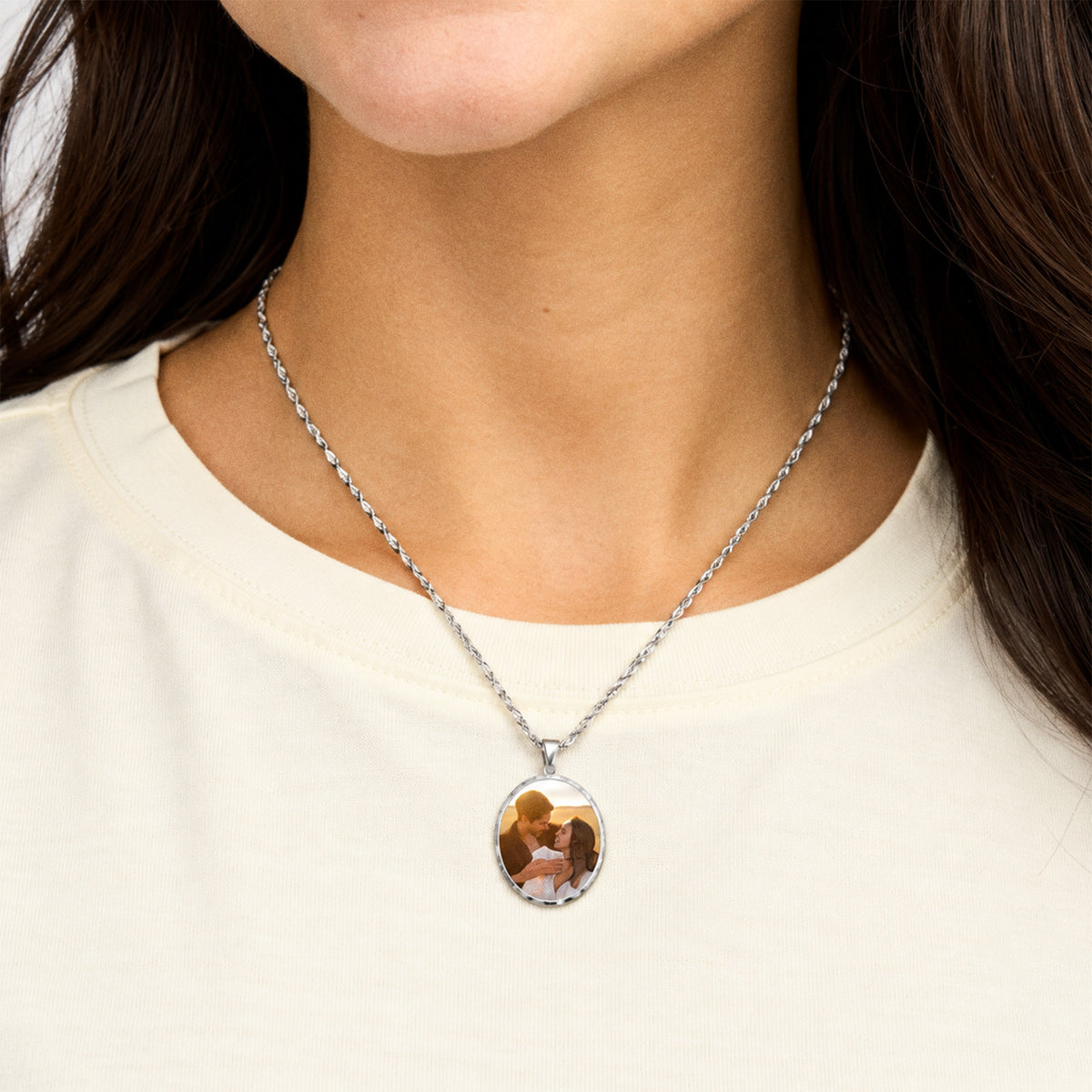 Oval Photo Engraved Pendant with Diamond Cut Edge - on model