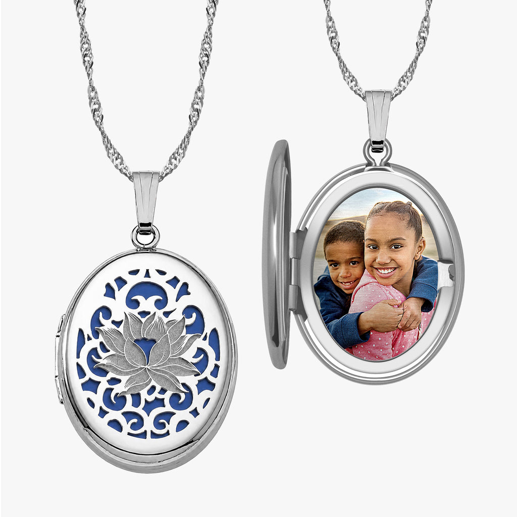 Blue Lotus Oval Photo Locket