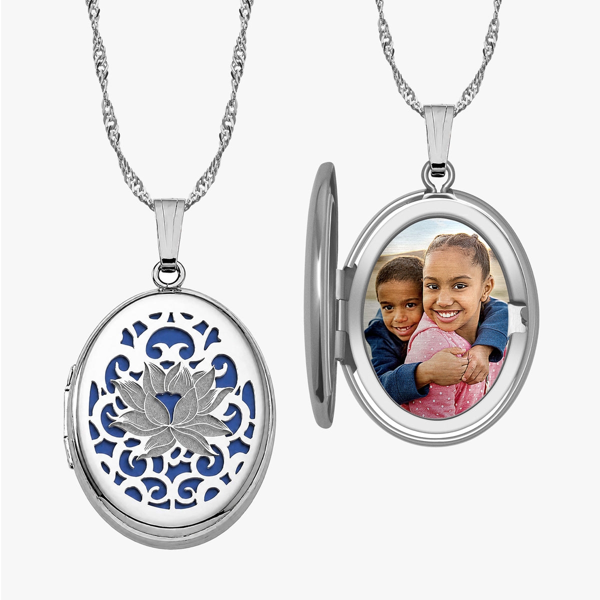 Blue Lotus Oval Photo Locket