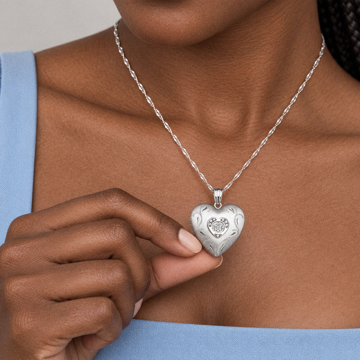 Dancing Diamond Heart Photo Locket - on model