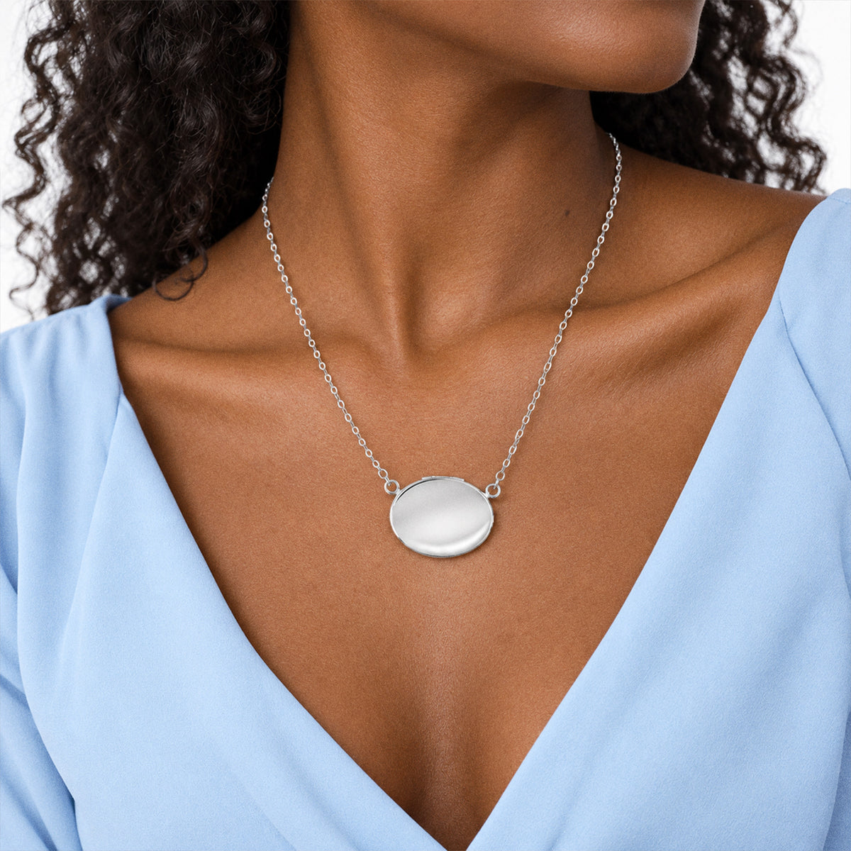 Sideways Plain Oval Photo Locket with Chain Included - on model