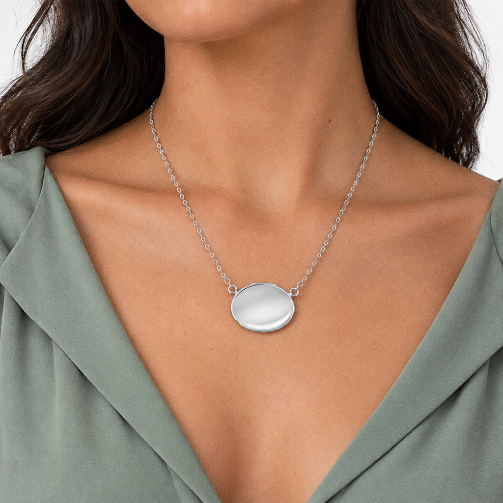 Sideways Plain Oval Photo Locket with Chain Included - on model