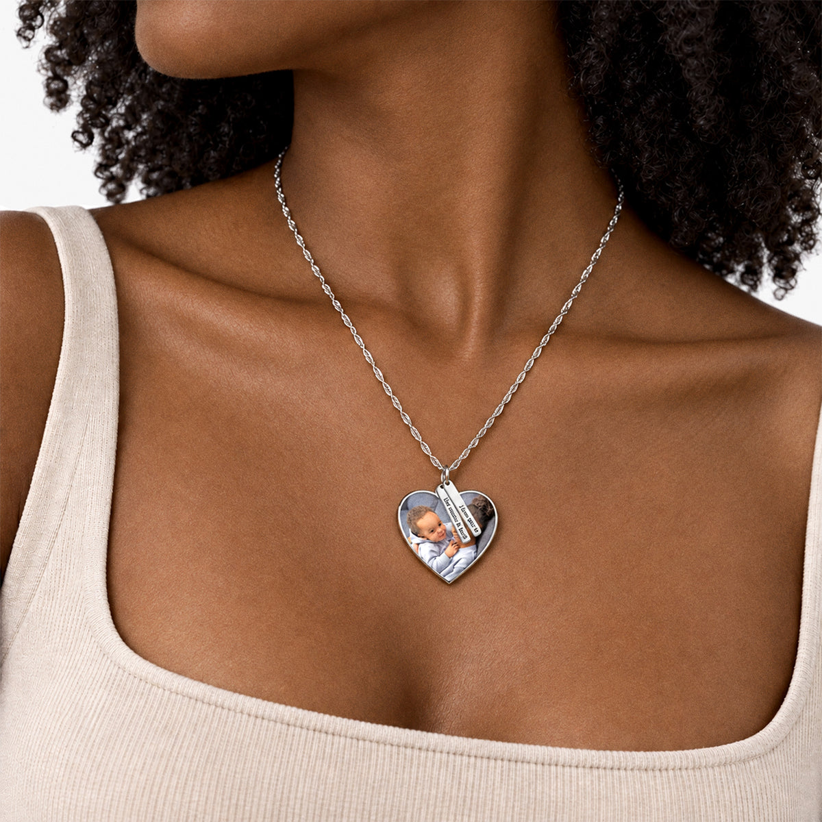 Heart Photo Pendant with Personalized Name Tags - on model