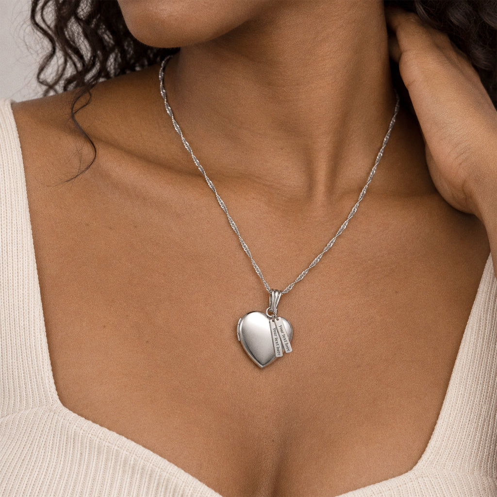 Heart Photo Locket with Personalized Tabs - on model