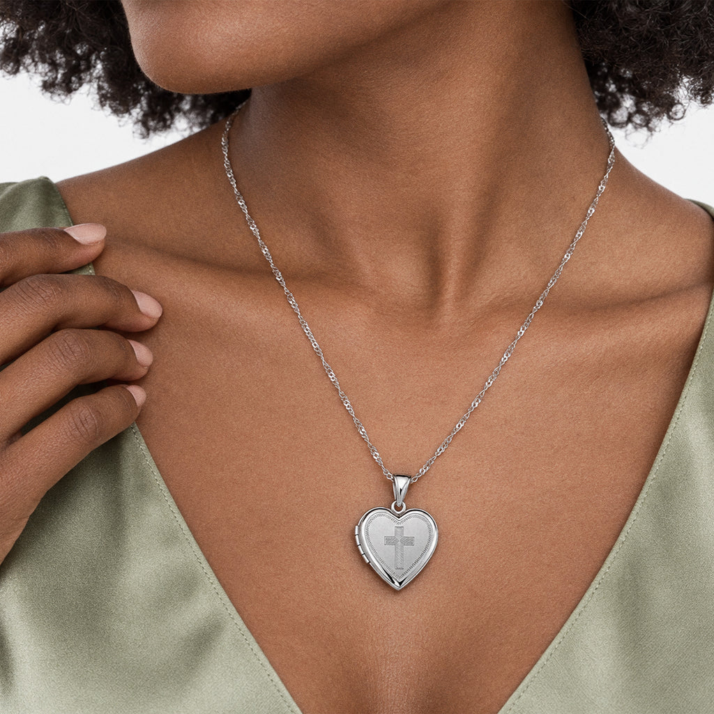 Cross Heart Photo Locket - on model