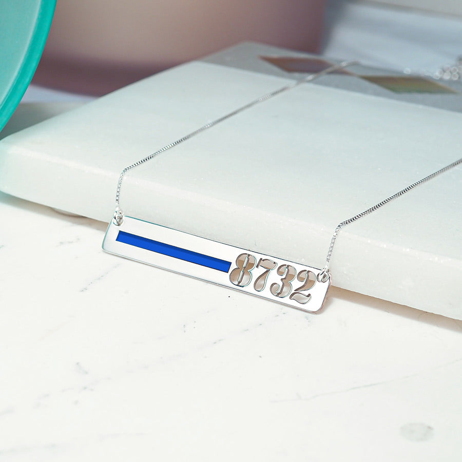 Silver police thin-blue-line bar necklace displayed on a white jewelry stand (PG93919, secondary photo 6)