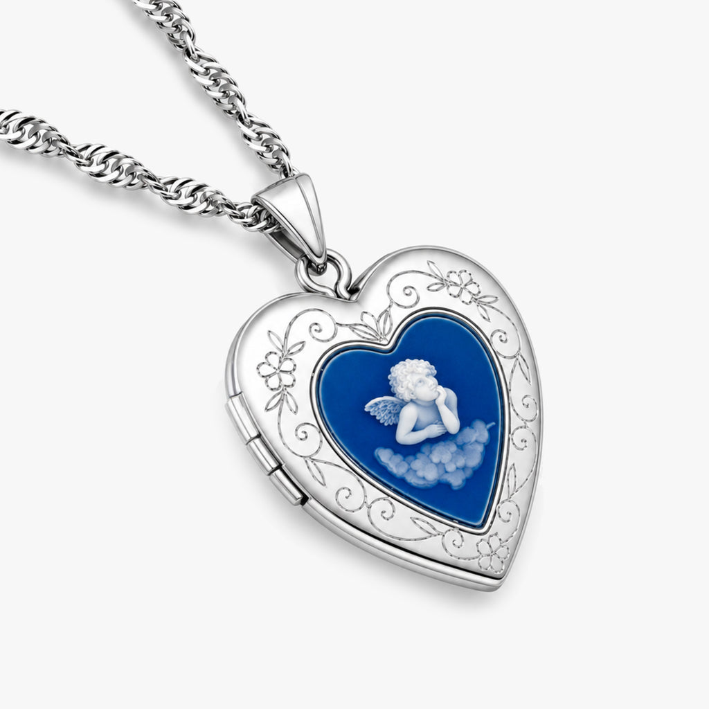 Blue Angel Cameo Heart Photo Locket