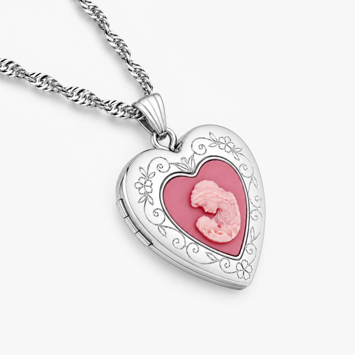 Pink Mother & Child Cameo Heart Photo Locket