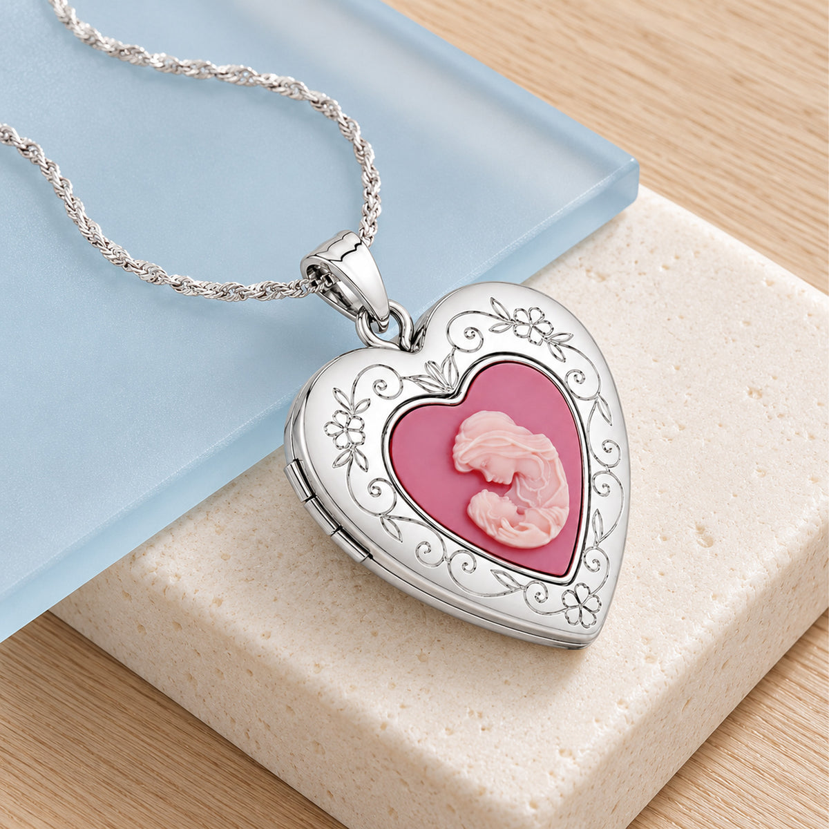 Pink Mother & Child Cameo Heart Photo Locket - lifestyle