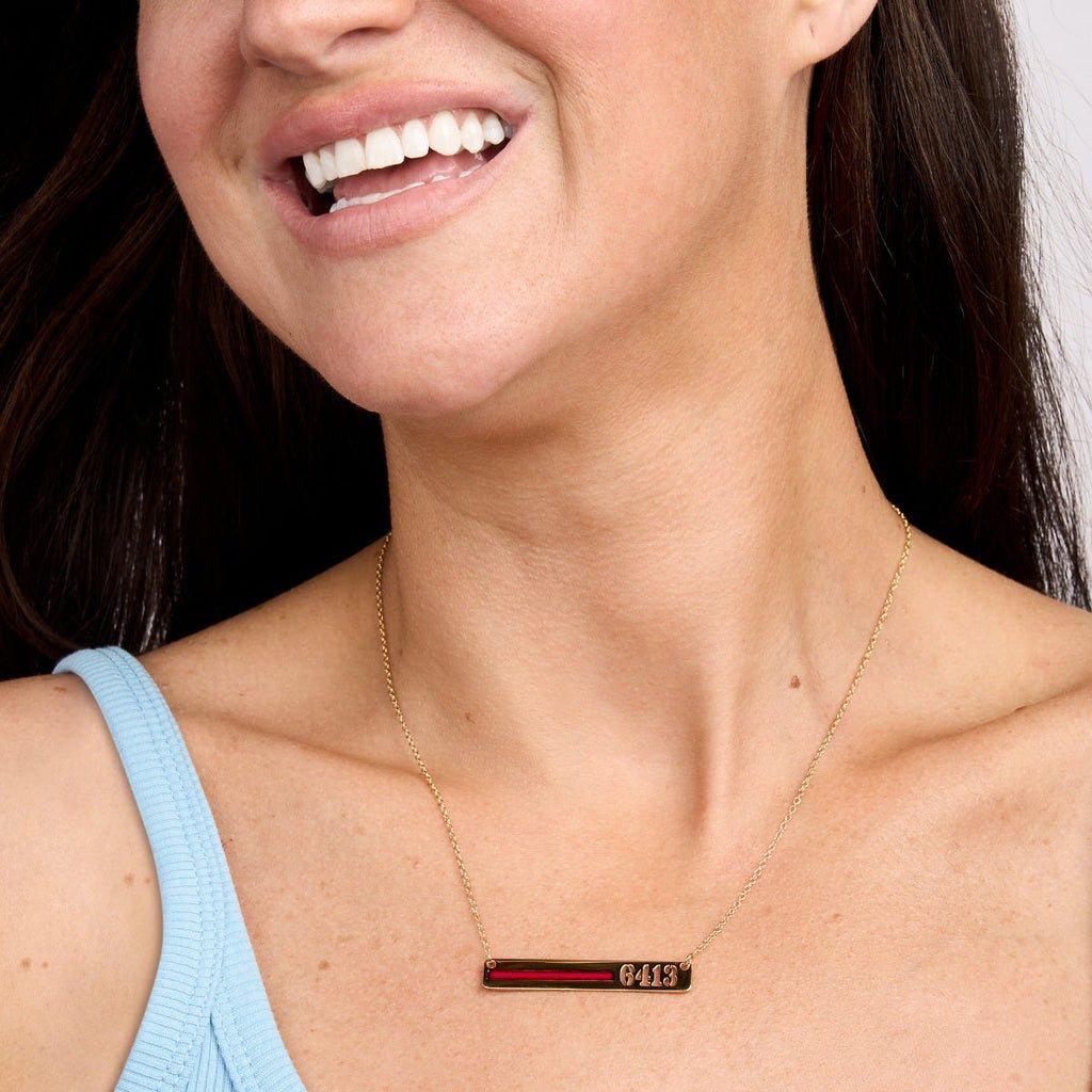 Personalized Horizontal Thin Red Line Firefighter Necklace with 18" Chain