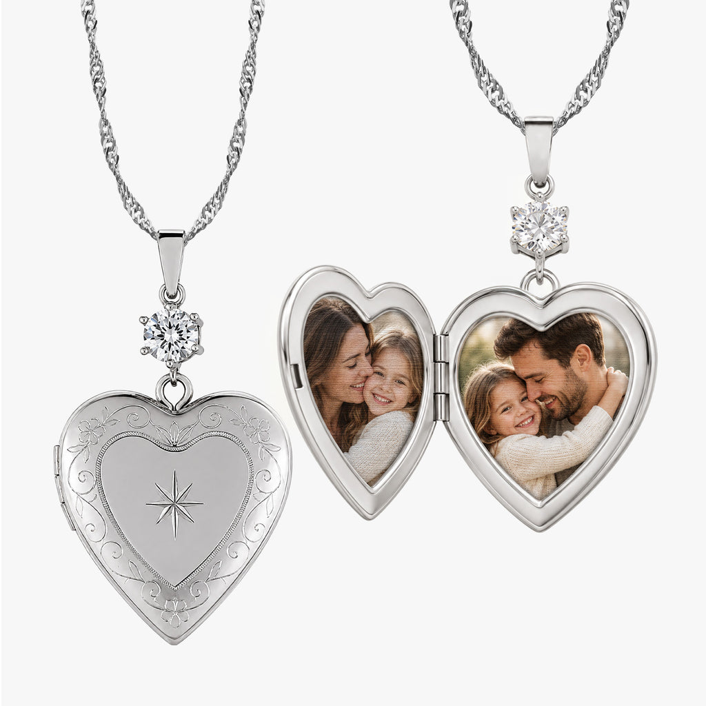 Floral Heart Photo Locket with Cubic Zirconia Accent
