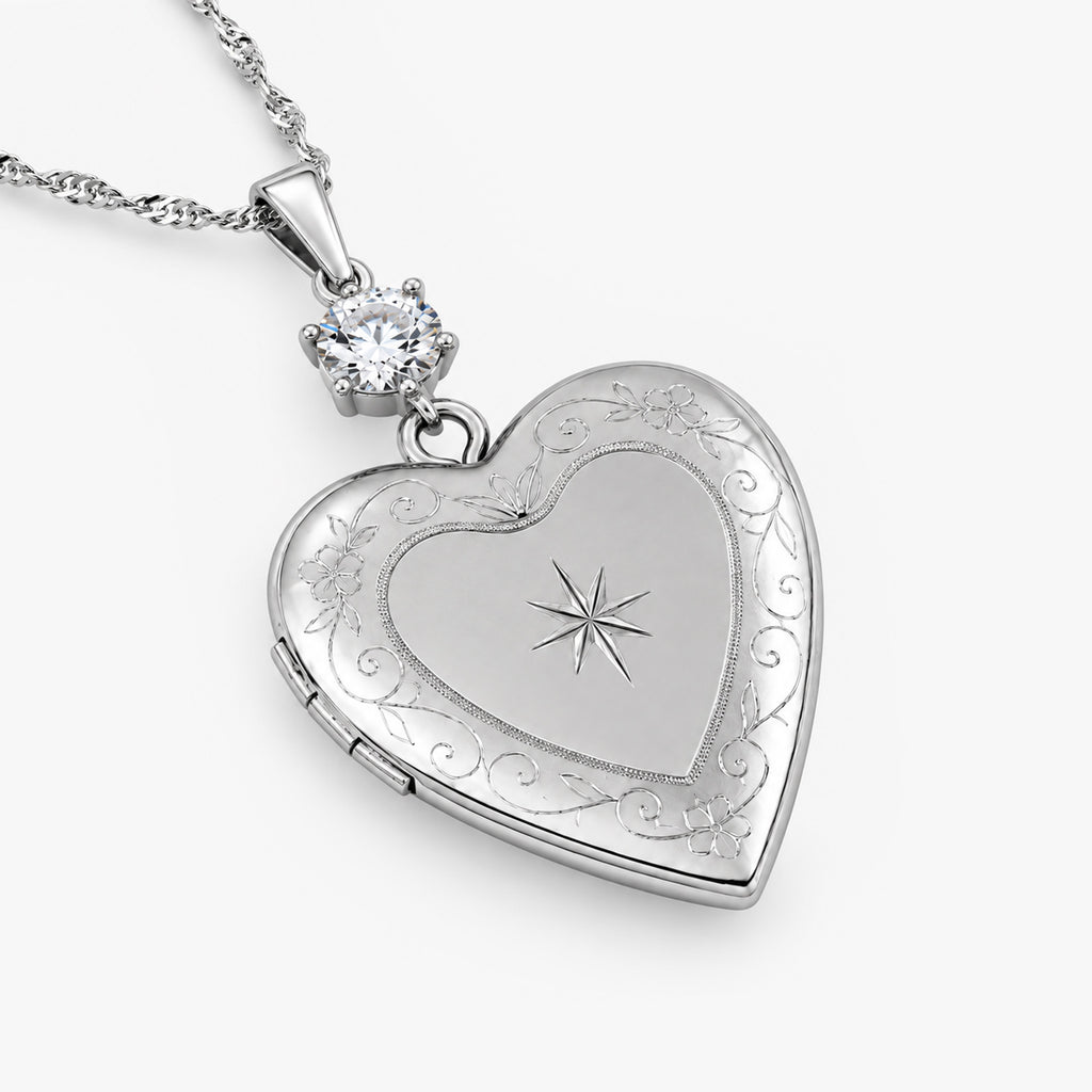 Floral Heart Photo Locket with Cubic Zirconia Accent
