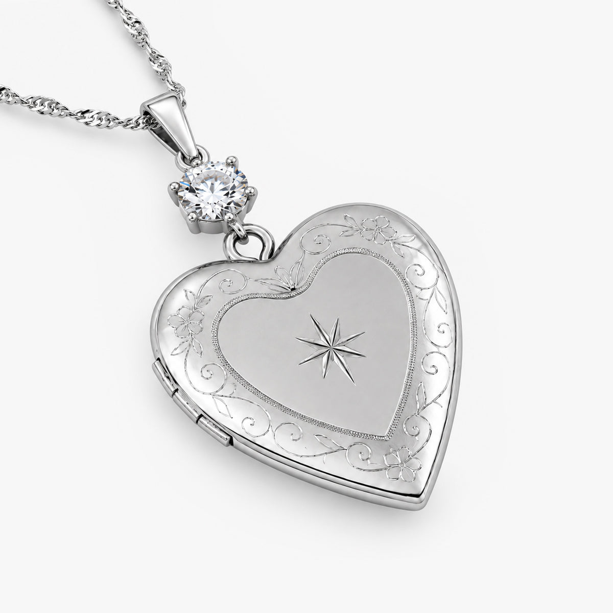 Floral Heart Photo Locket with Cubic Zirconia Accent