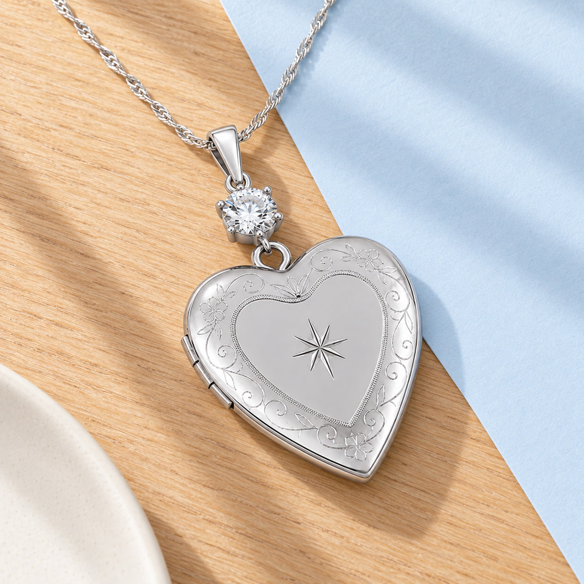 Floral Heart Photo Locket with Cubic Zirconia Accent - lifestyle