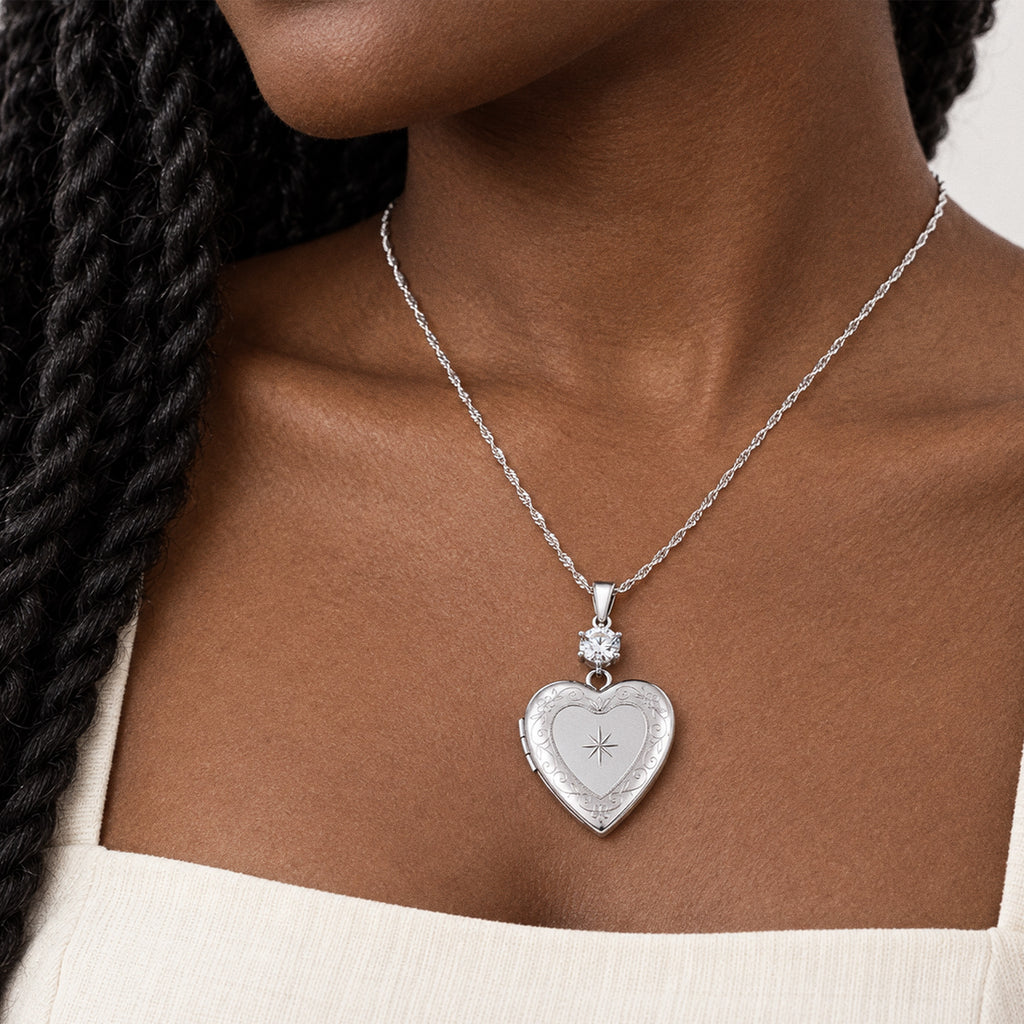 Floral Heart Photo Locket with Cubic Zirconia Accent - on model