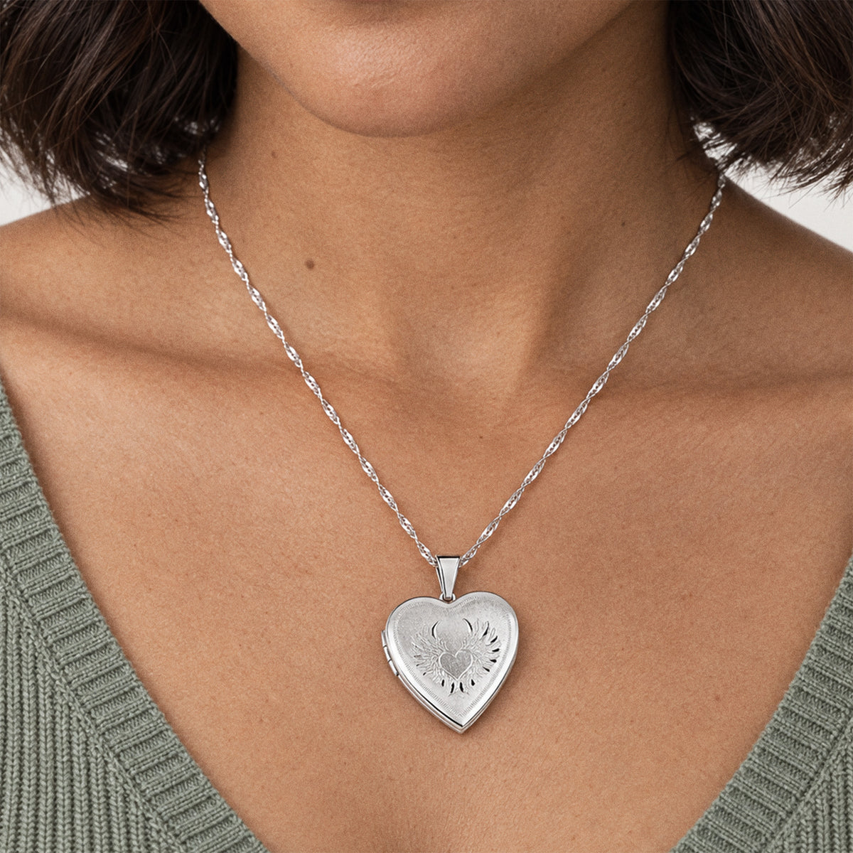 Heart Angel Wing Heart Photo Locket - on model