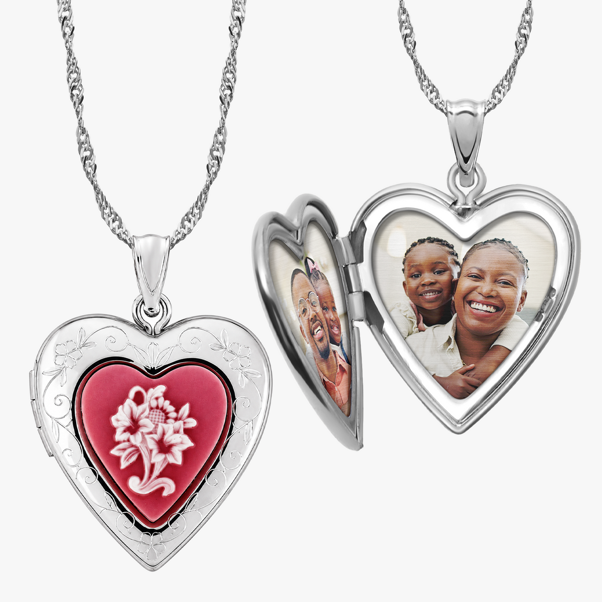 Pink Floral Cameo Heart Photo Locket