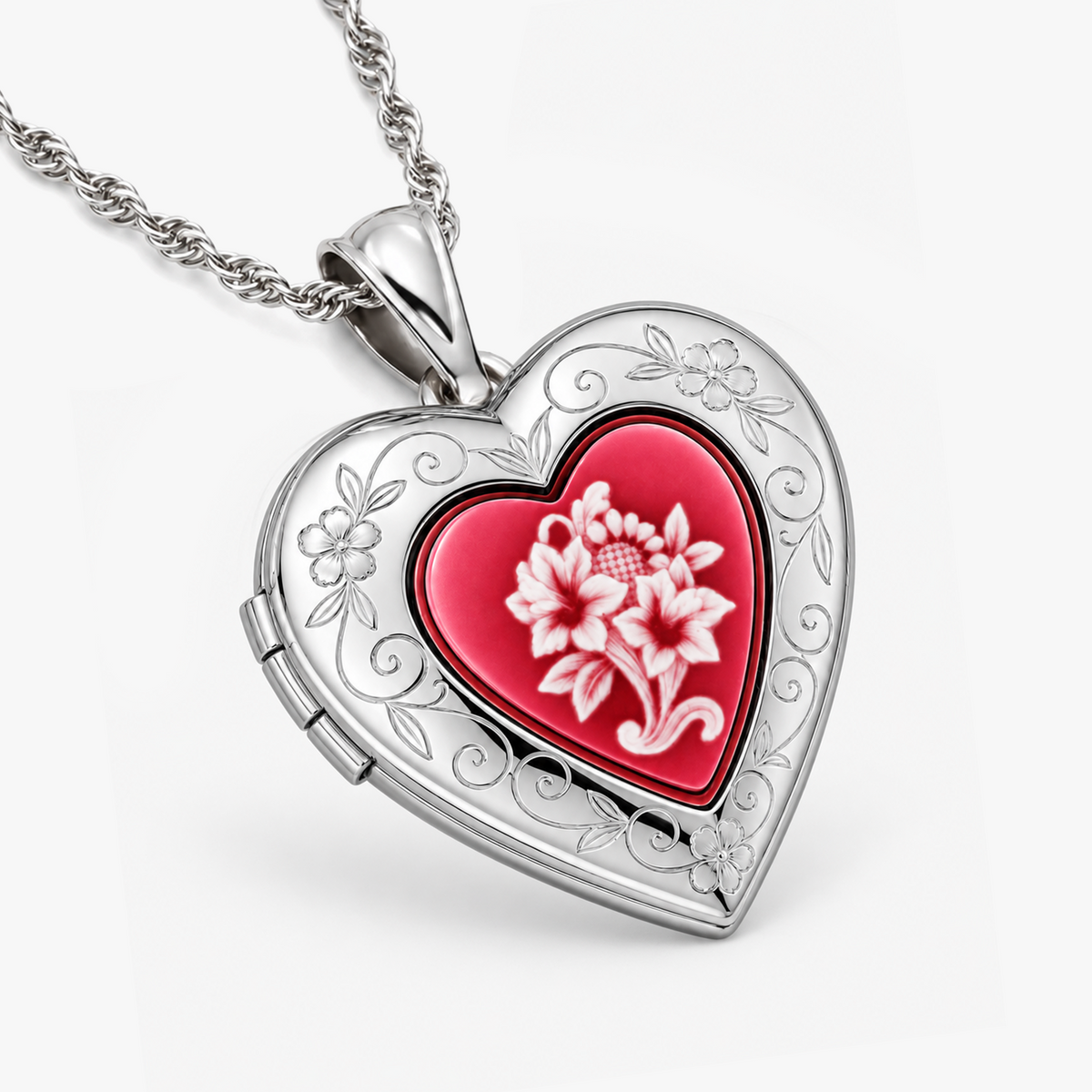Pink Floral Cameo Heart Photo Locket