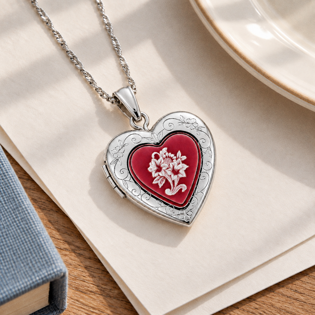 Pink Floral Cameo Heart Photo Locket - lifestyle