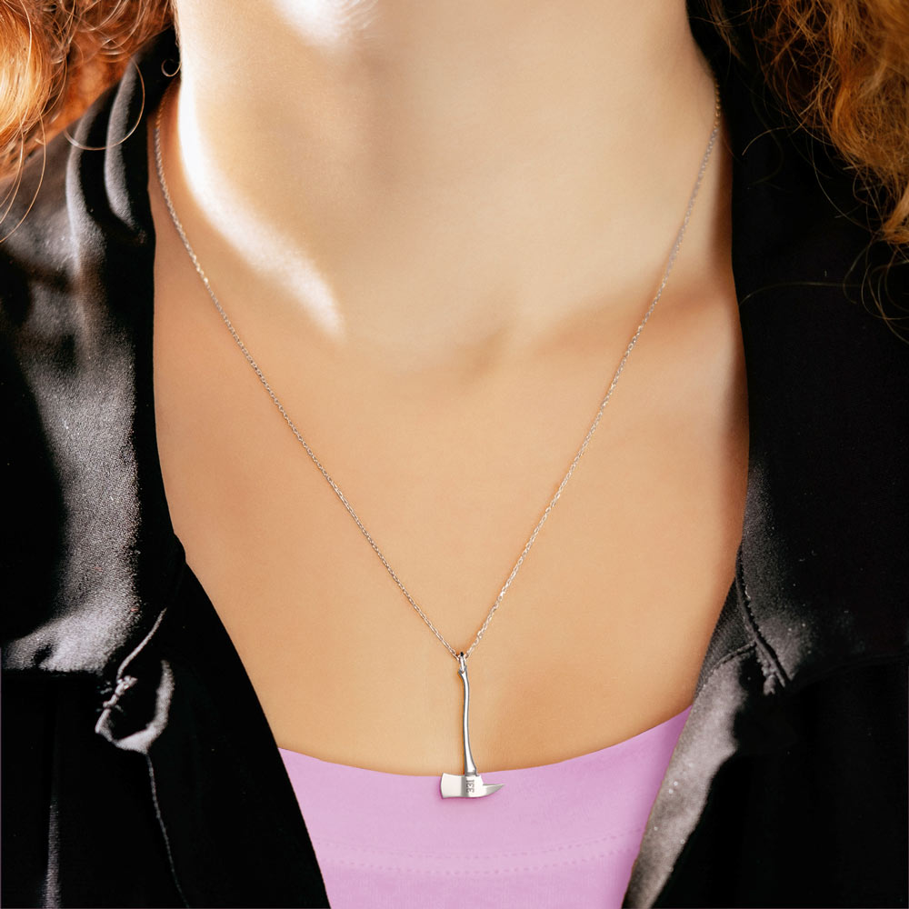 Firefighter axe badge pendant necklace shown worn on a person (PG98576, secondary photo 3)