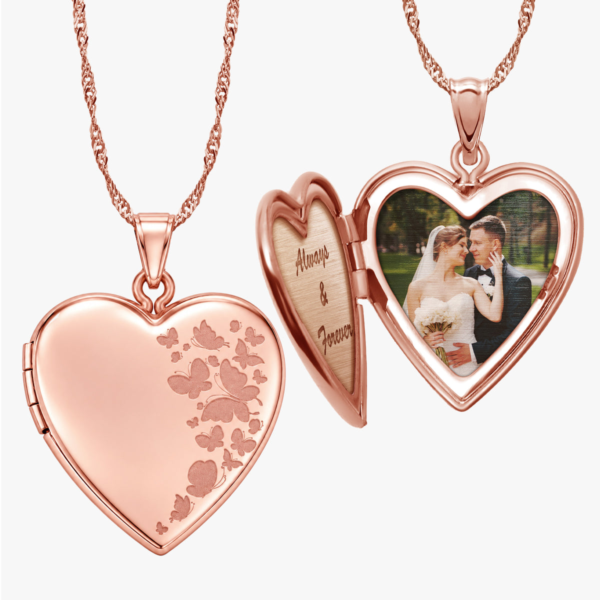 Rose Gold Plated "Butterflies" Heart Photo Locket