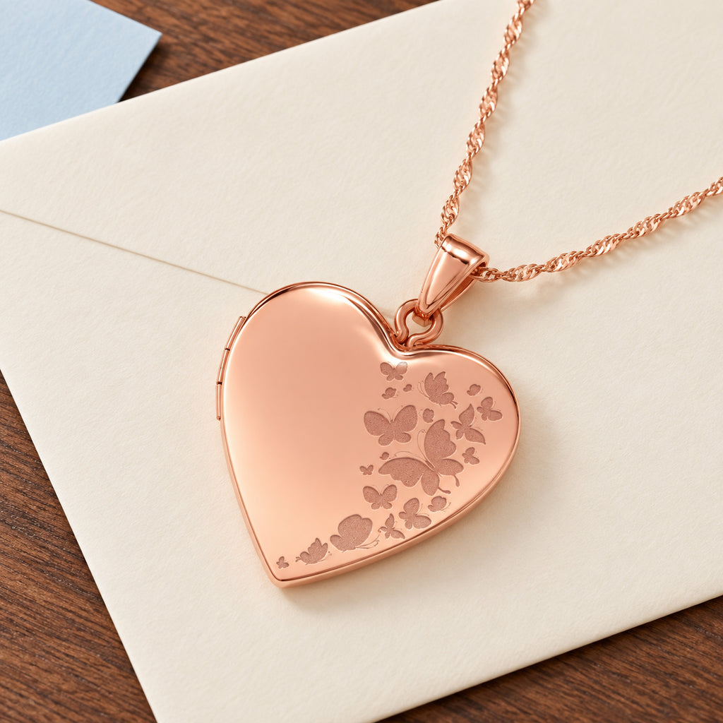 Rose Gold Plated "Butterflies" Heart Photo Locket - lifestyle