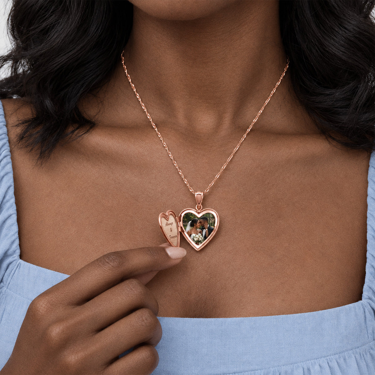 Rose Gold Plated "Butterflies" Heart Photo Locket - on model