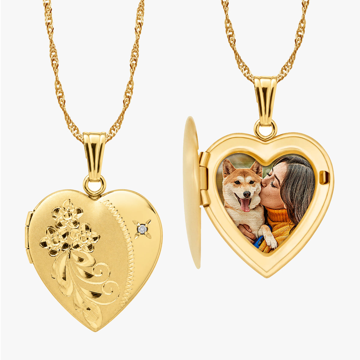 14K Gold Filled Floral Heart Photo Locket With Diamond