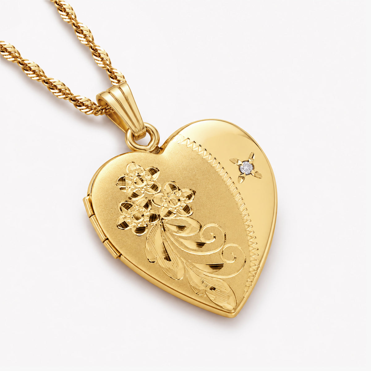 14K Gold Filled Floral Heart Photo Locket With Diamond