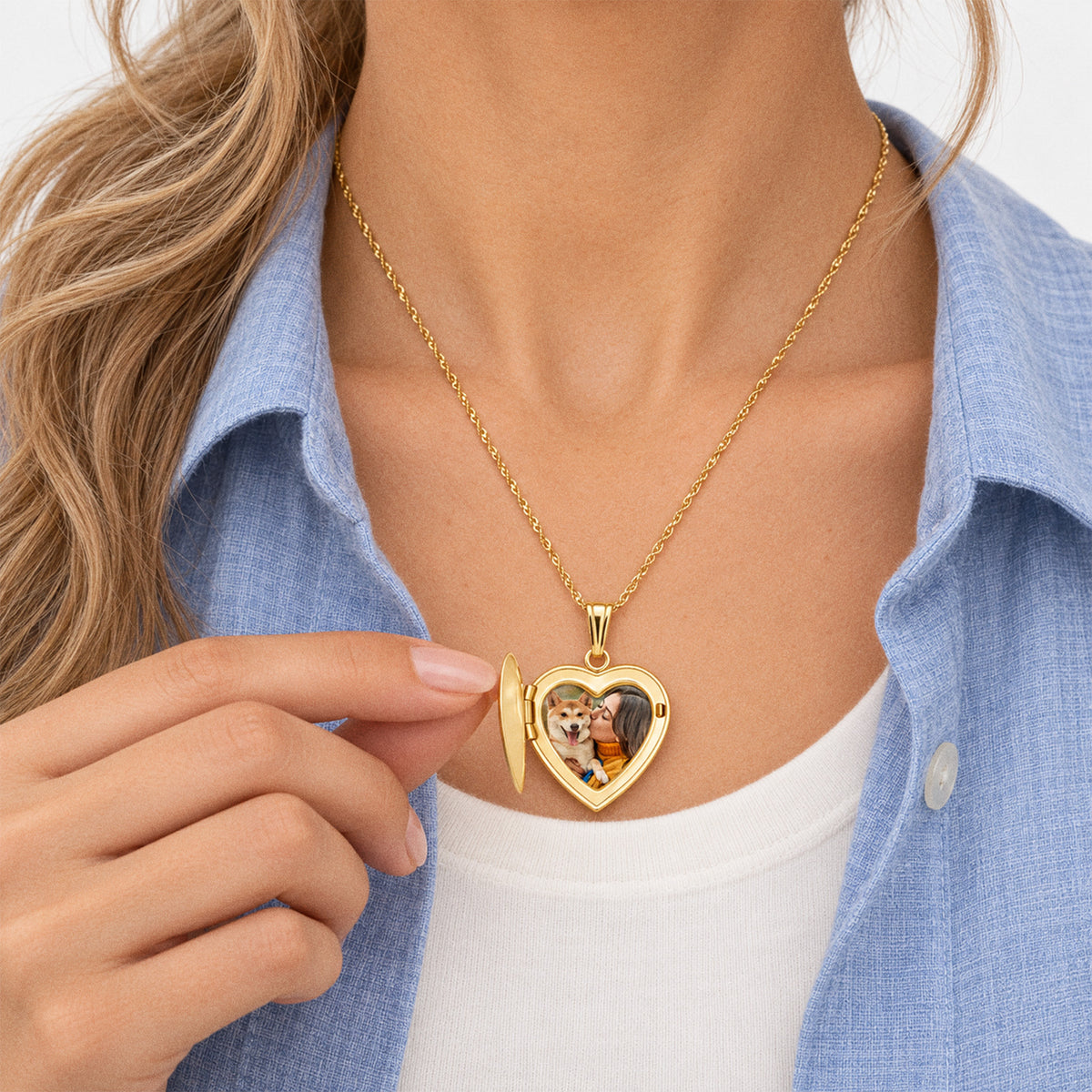 14K Gold Filled Floral Heart Photo Locket With Diamond - on model