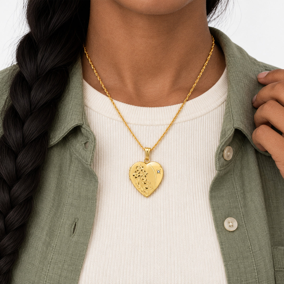 14K Gold Filled Floral Heart Photo Locket With Diamond - on model