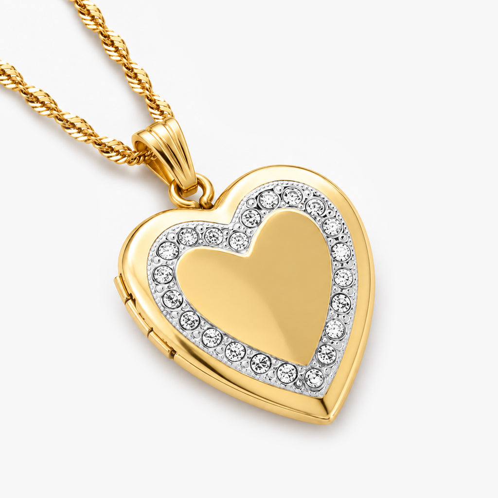 14K Gold Filled Heart Photo Locket With Diamond Border