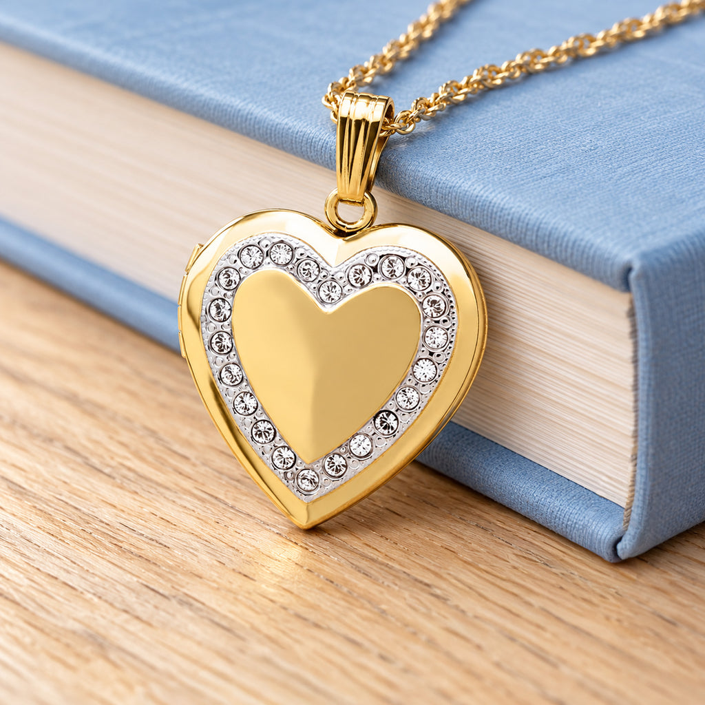 14K Gold Filled Heart Photo Locket With Diamond Border - lifestyle