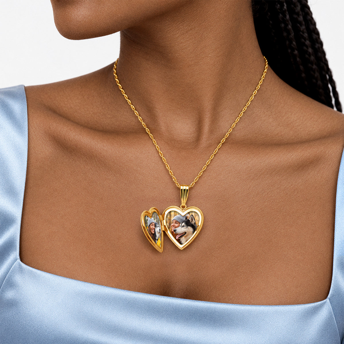 14K Gold Filled Heart Photo Locket With Diamond Border - on model