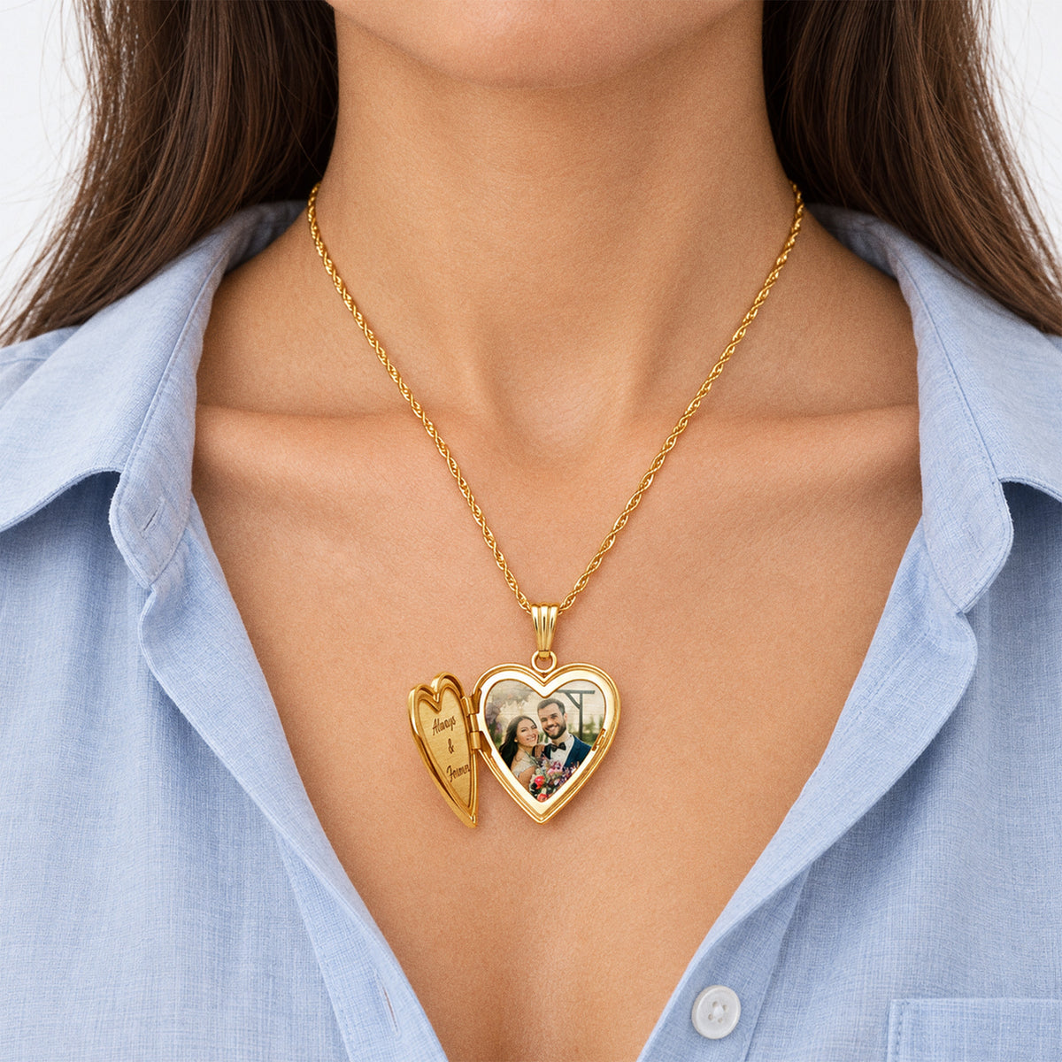 14K Gold Filled Cross Heart Photo Locket - on model